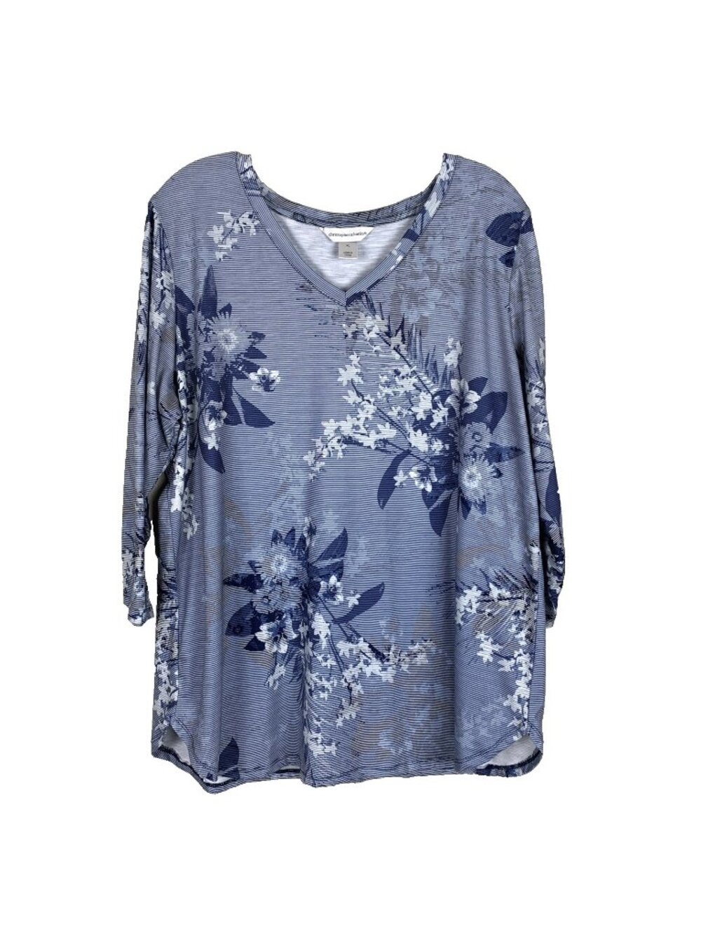 Christopher & Banks Womens XL 3/4 Sleeve Knit Top Tunic Blue White Floral Stripe